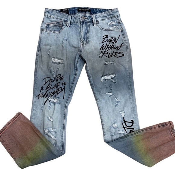 Cult Of Individuality Rocker Slim Distressed Graffiti Blue Jeans Size 30 x 33 - Picture 4 of 8